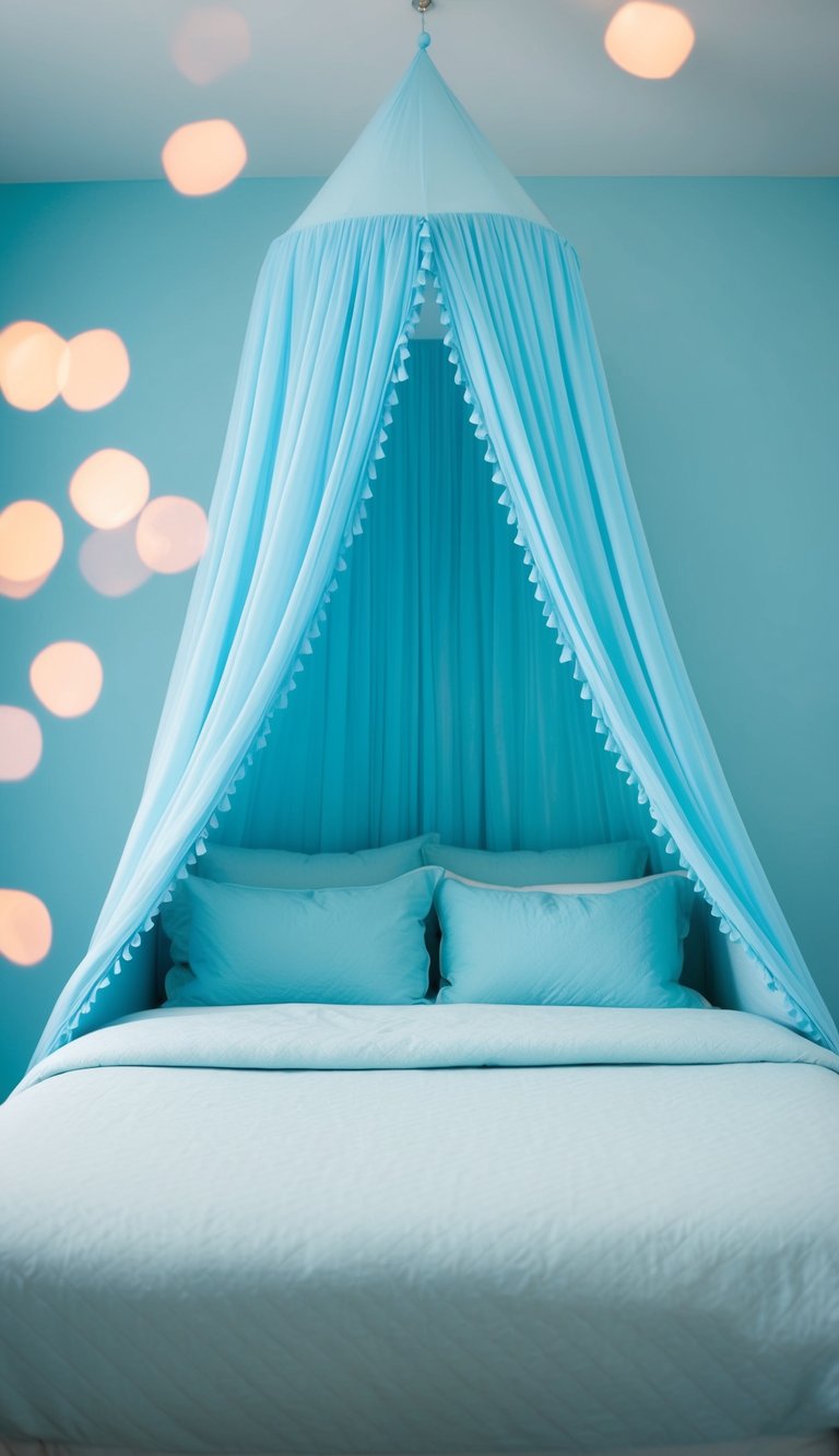 A baby blue bed canopy hangs above a serene light blue bedroom, creating a peaceful and dreamy atmosphere