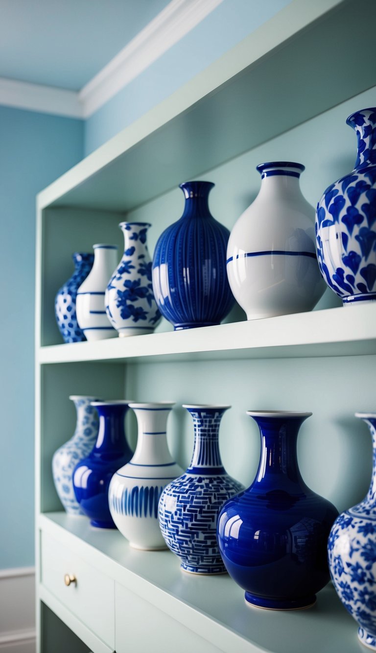 A collection of blue and white ceramic vases arranged on a shelf in a light blue bedroom