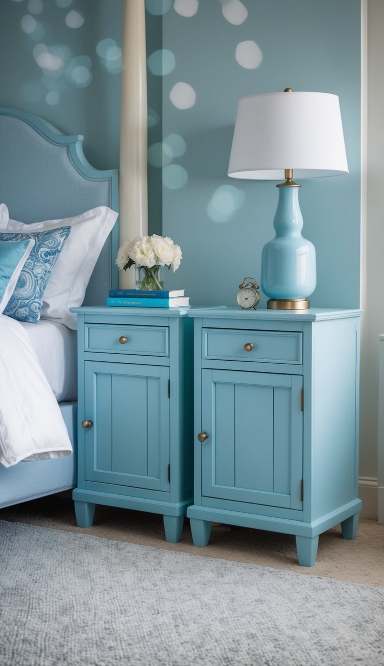 Two light blue wooden nightstands in a serene bedroom with soft blue decor