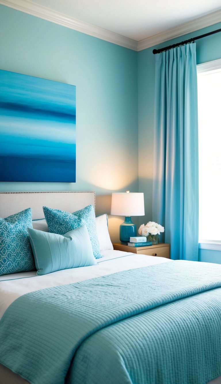 A serene bedroom with a blue ombre wall art, soft lighting, and light blue decor