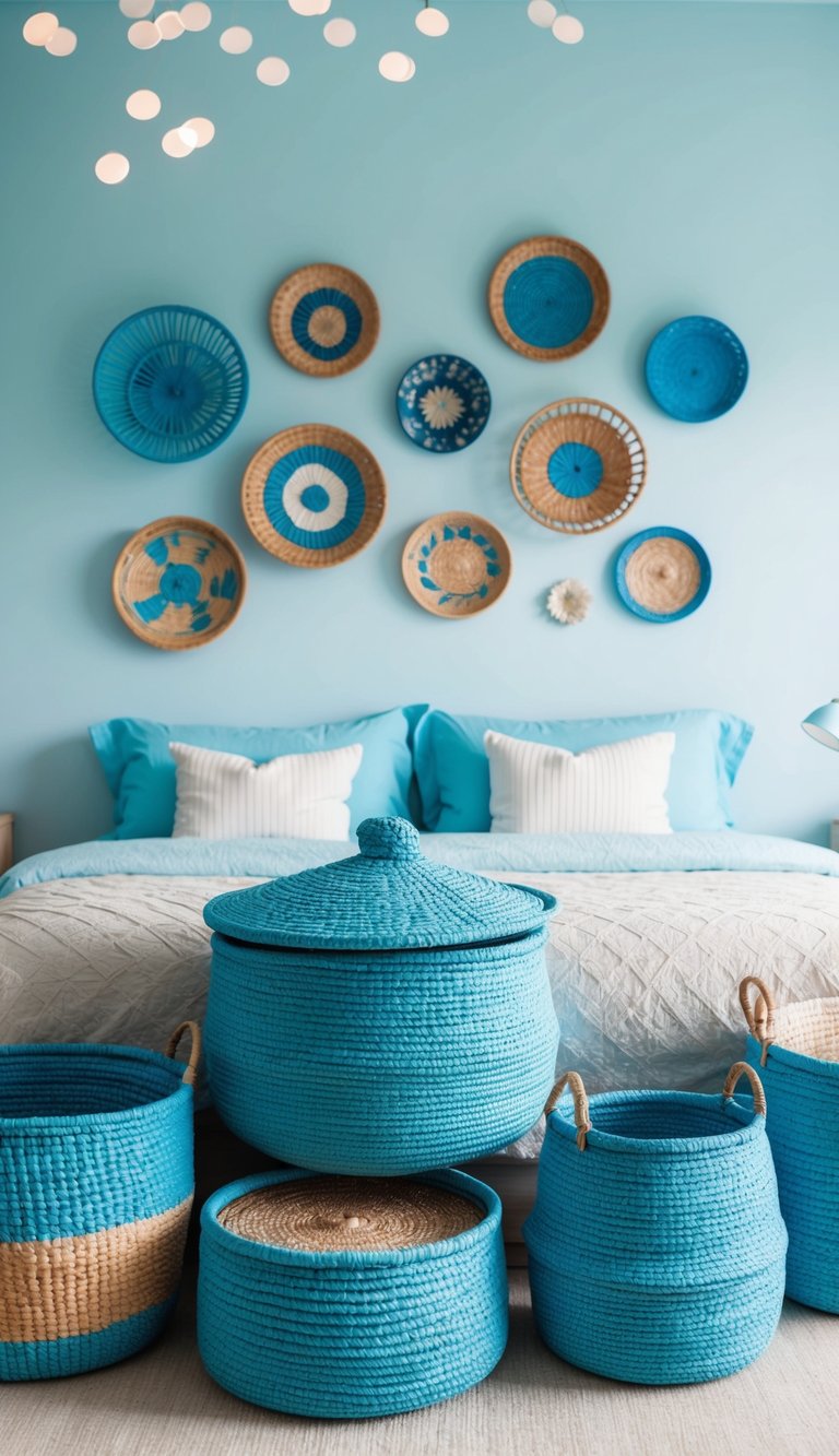 Light blue woven baskets arranged in a serene light blue bedroom with 27 different decor ideas