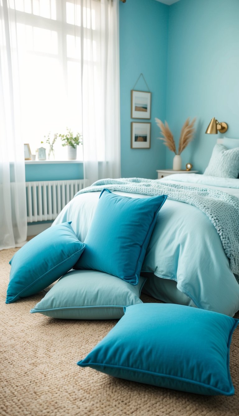 Soft blue floor cushions arranged in a light blue bedroom with serene decor and cozy atmosphere