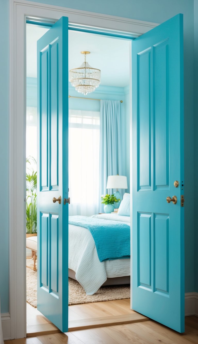 A light blue painted door opens to reveal a serene bedroom with 27 light blue decor ideas