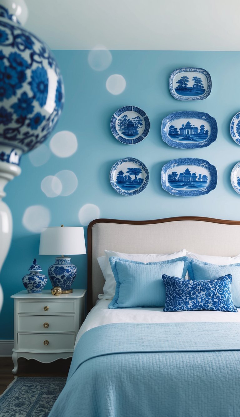 A light blue bedroom adorned with blue and white porcelain decorations