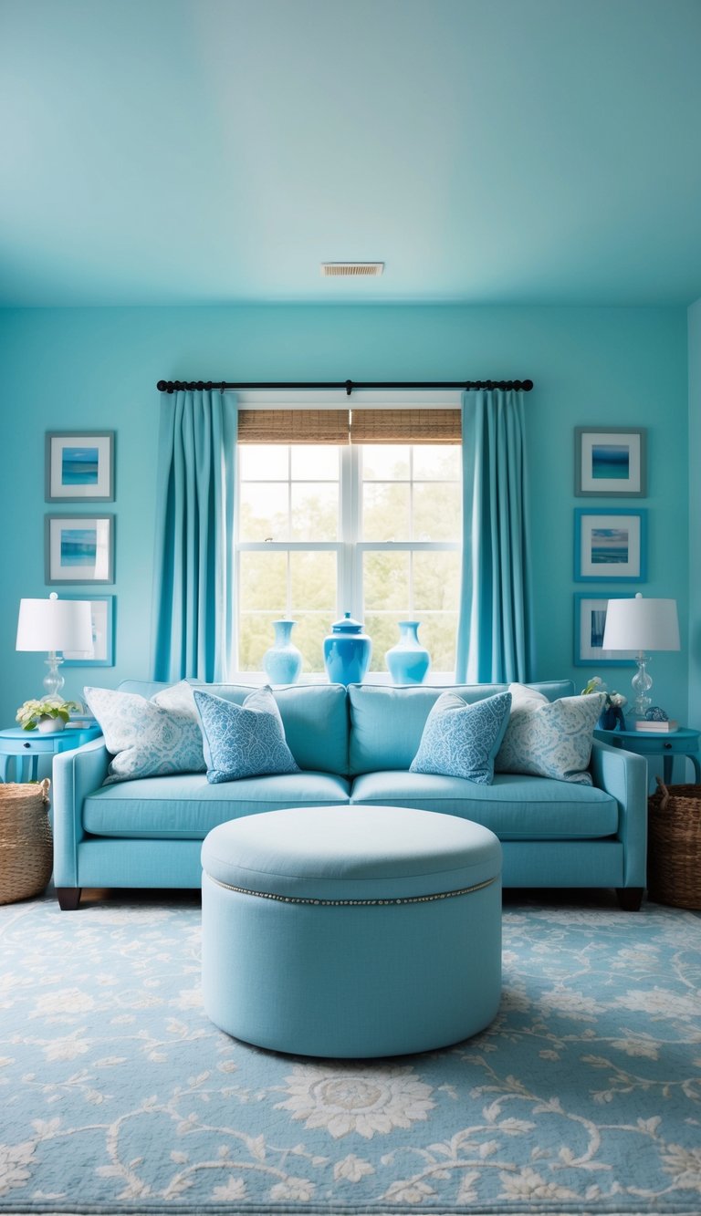 A light blue storage ottoman sits in the center of a serene, light blue bedroom, surrounded by various shades of blue decor and furnishings