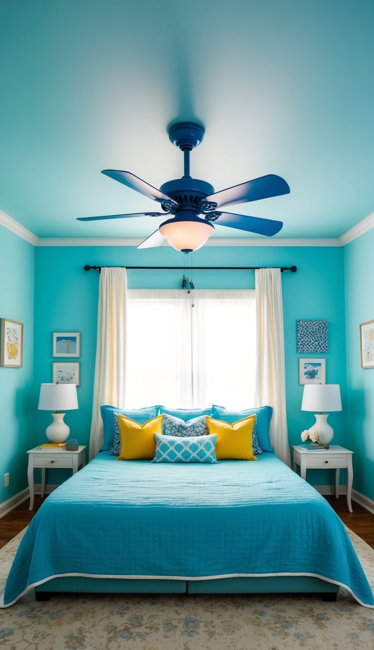 A classic blue ceiling fan spins above a light blue bedroom with 27 ideas for decoration