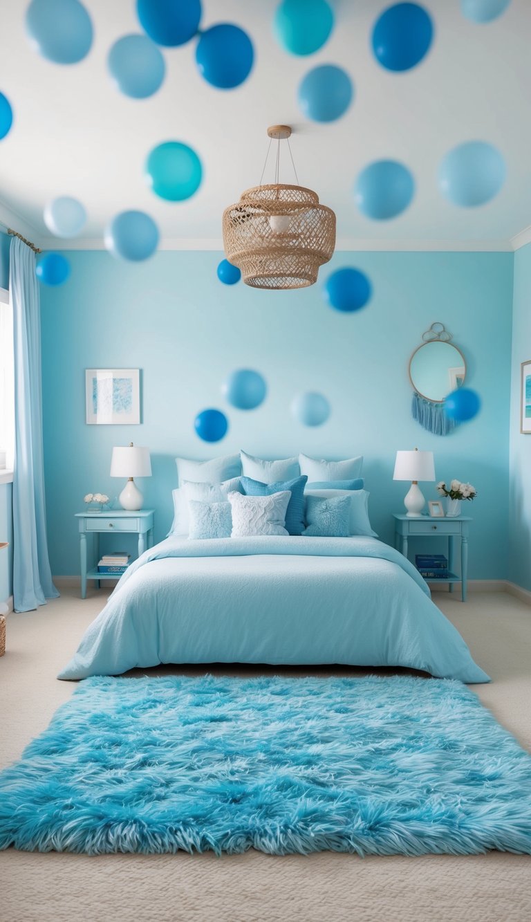 A light blue shag rug sits in the center of a serene, light blue bedroom, surrounded by 27 different light blue decor ideas