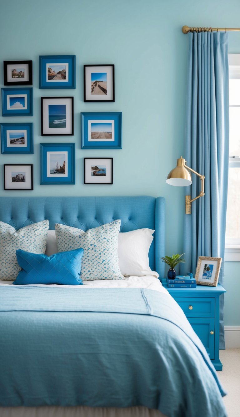 A cozy bedroom with light blue walls adorned with various blue toned photo frames