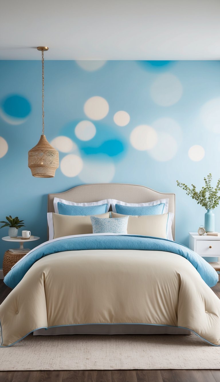 A cozy light blue and beige bedding set in a serene bedroom with 27 light blue decor ideas