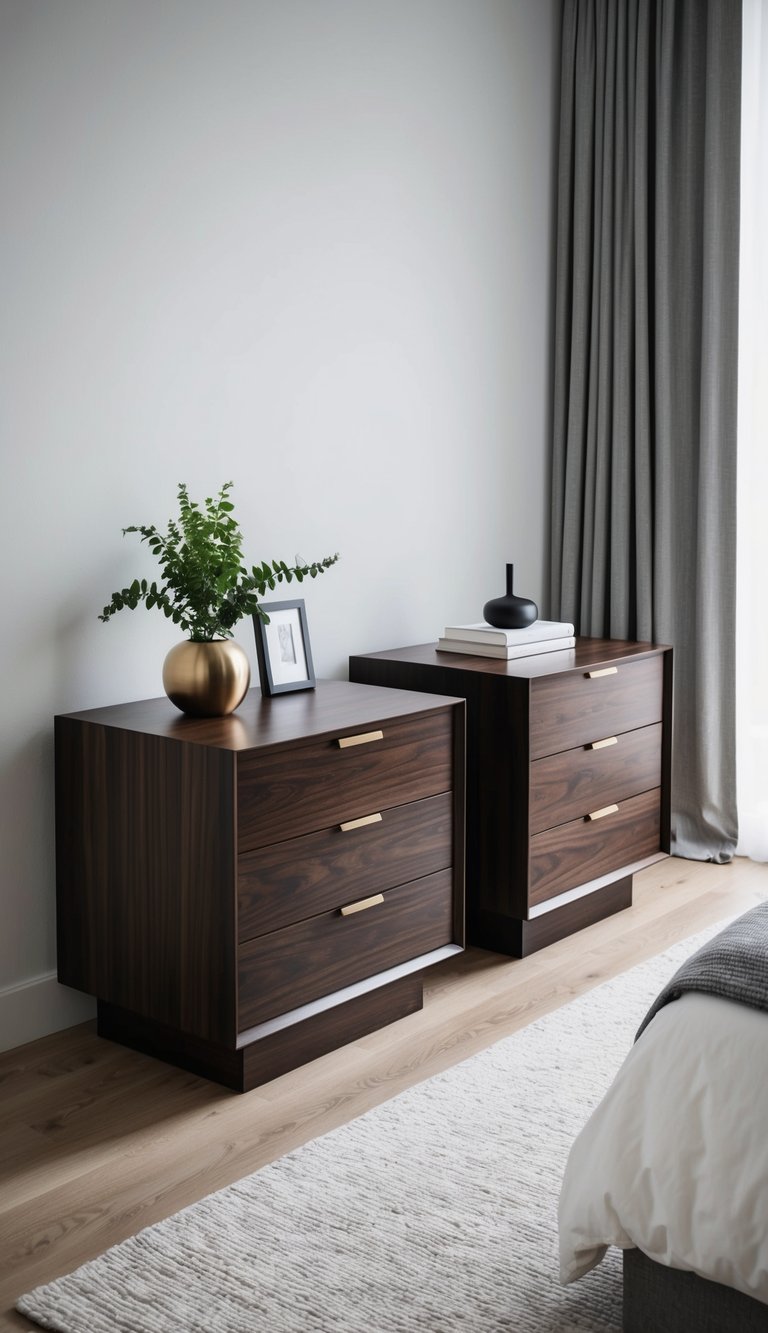 Two dark walnut wood nightstands in a modern men's bedroom with minimalist decor