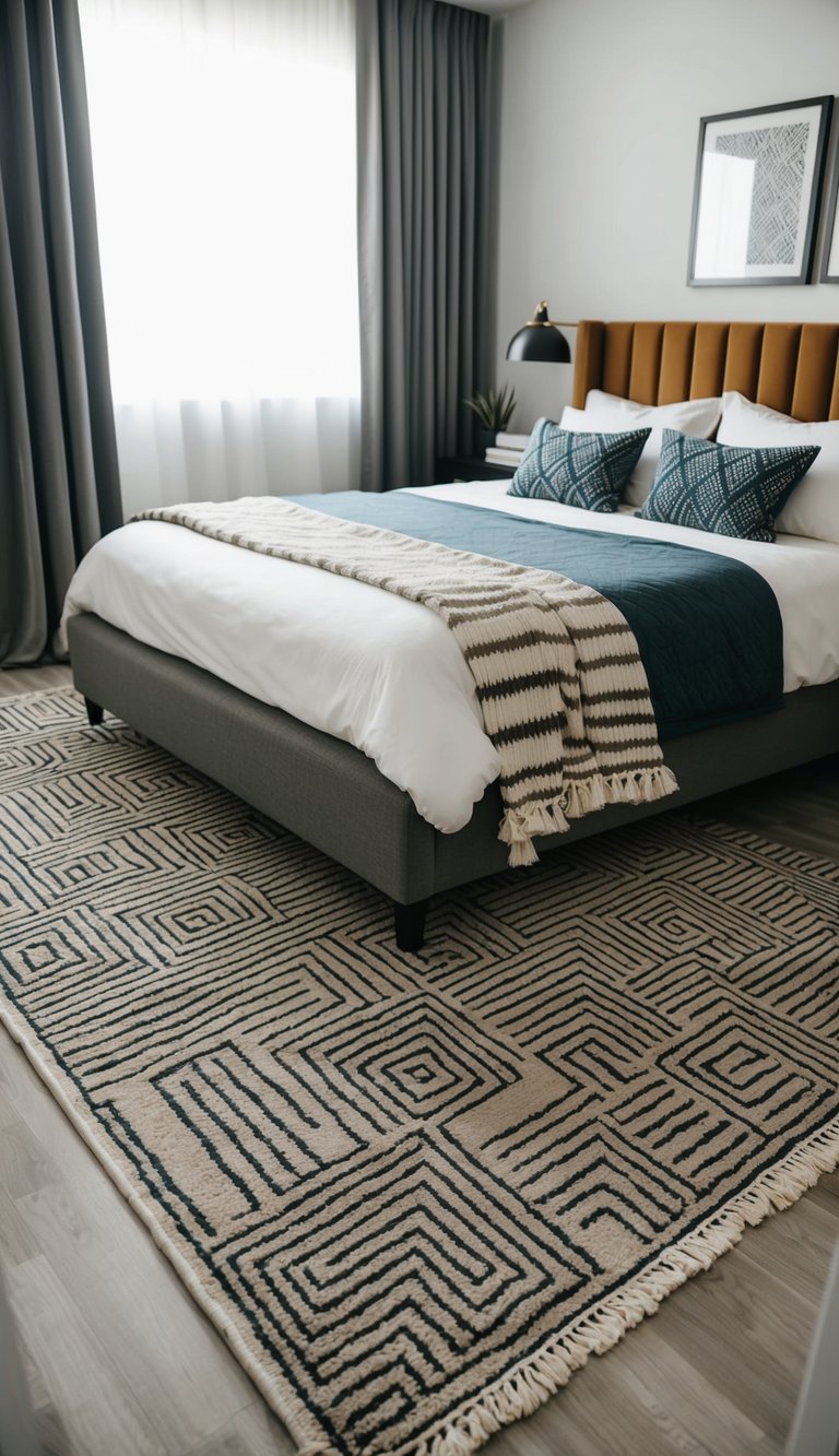 A bedroom with geometric patterned rugs and 26 men's bedroom ideas displayed