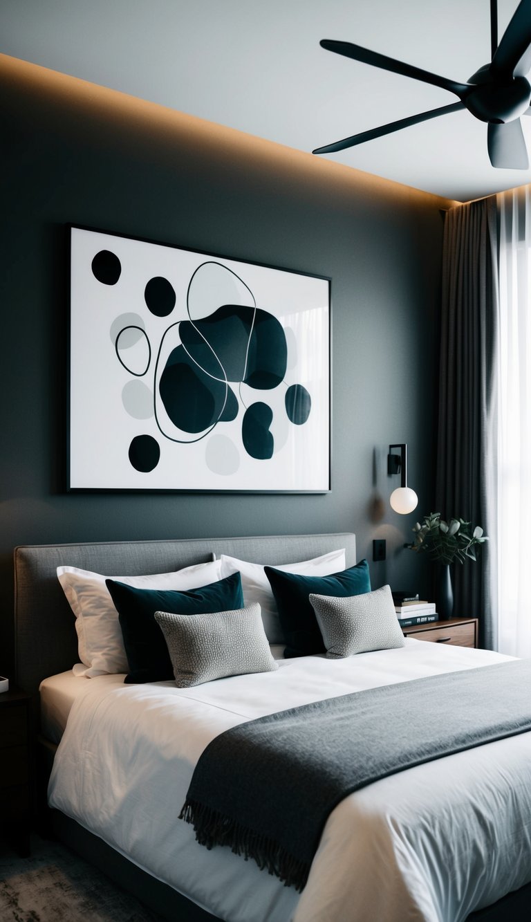 An abstract monochrome wall art decorates a modern men's bedroom