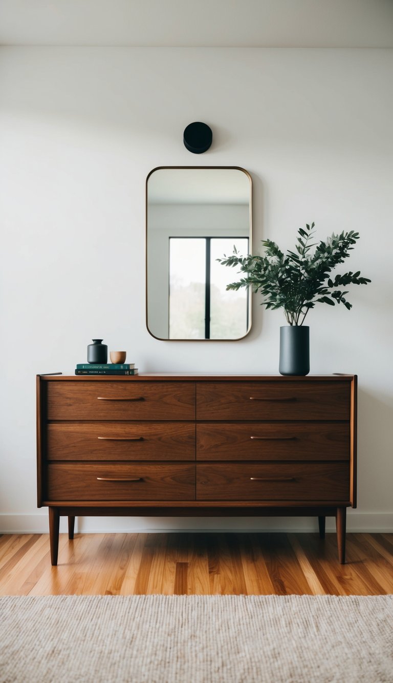 A mid-century modern dresser in a minimalist men's bedroom with clean lines and warm wood tones