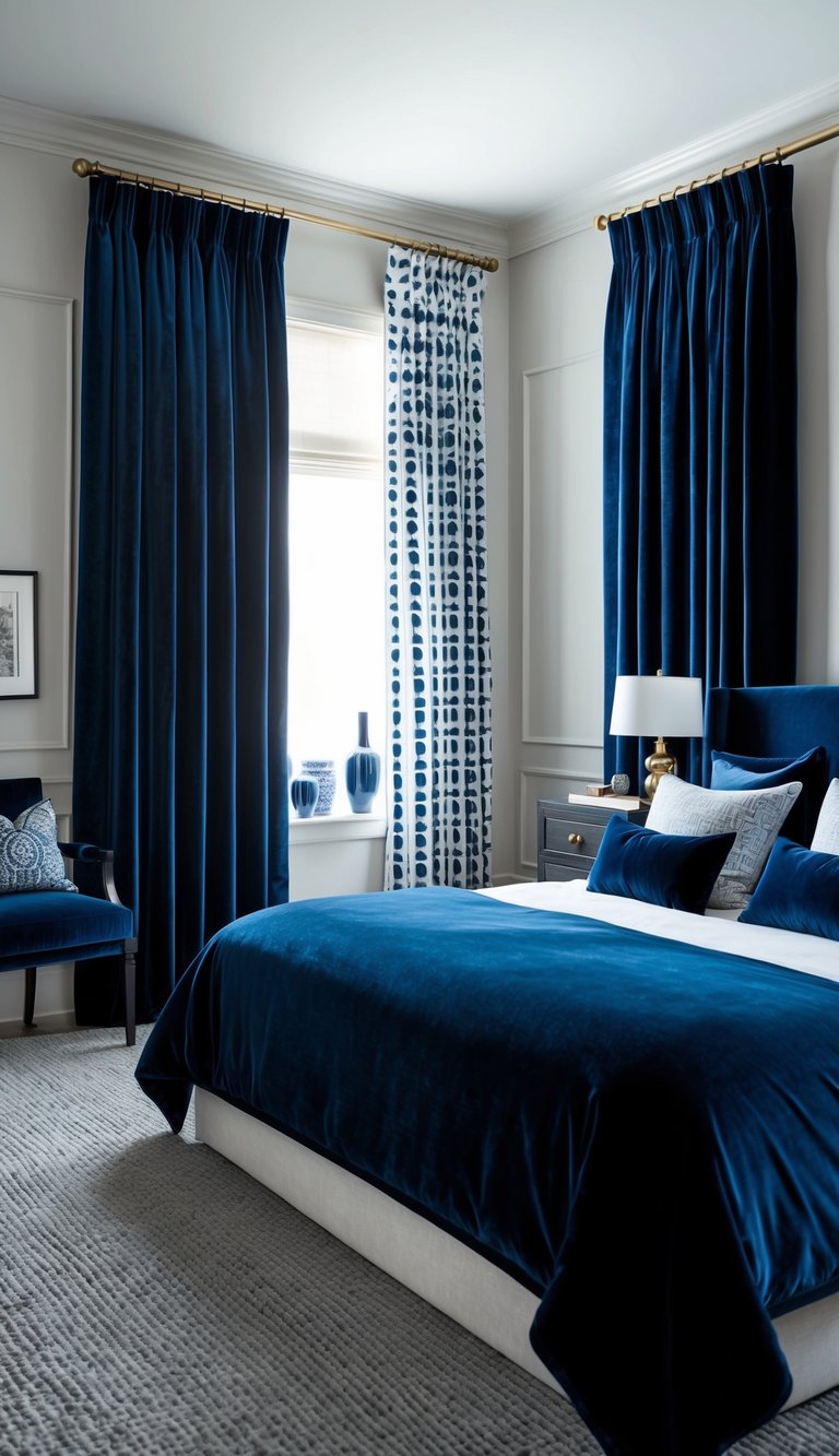 Navy blue velvet curtains frame a luxurious men's bedroom with masculine decor and 26 design ideas