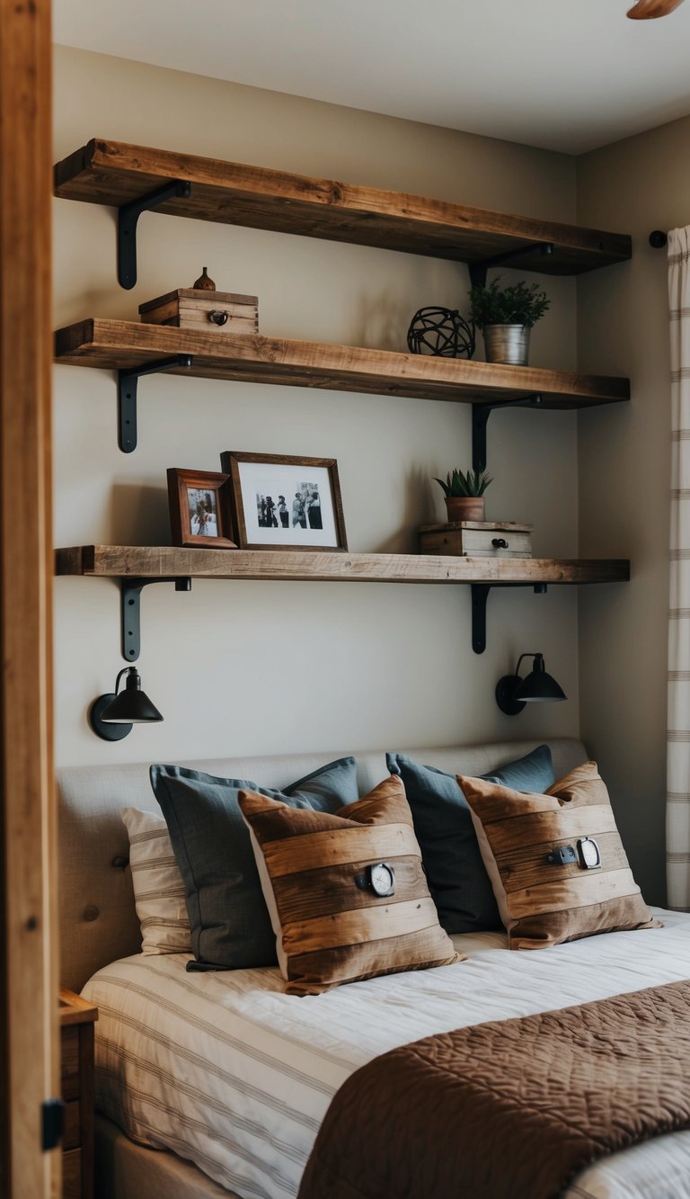A cozy bedroom with rustic reclaimed wood shelves and masculine decor