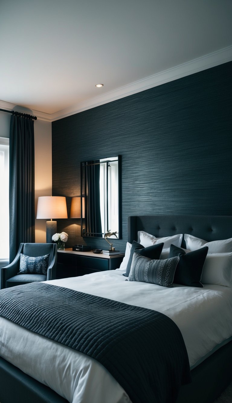 A dimly lit bedroom with textured charcoal wallpaper, featuring masculine decor and furnishings for 26 men