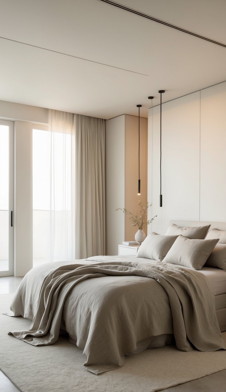 Neutral-toned linen bedding draped over a king-size bed in a spacious, minimalist bedroom with clean lines and warm lighting