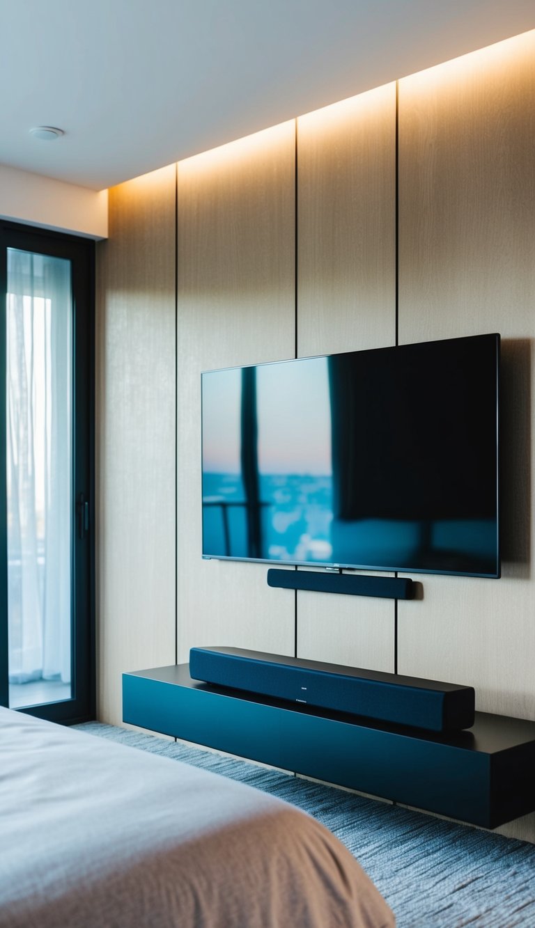 A mounted widescreen TV with a soundbar in a modern bedroom