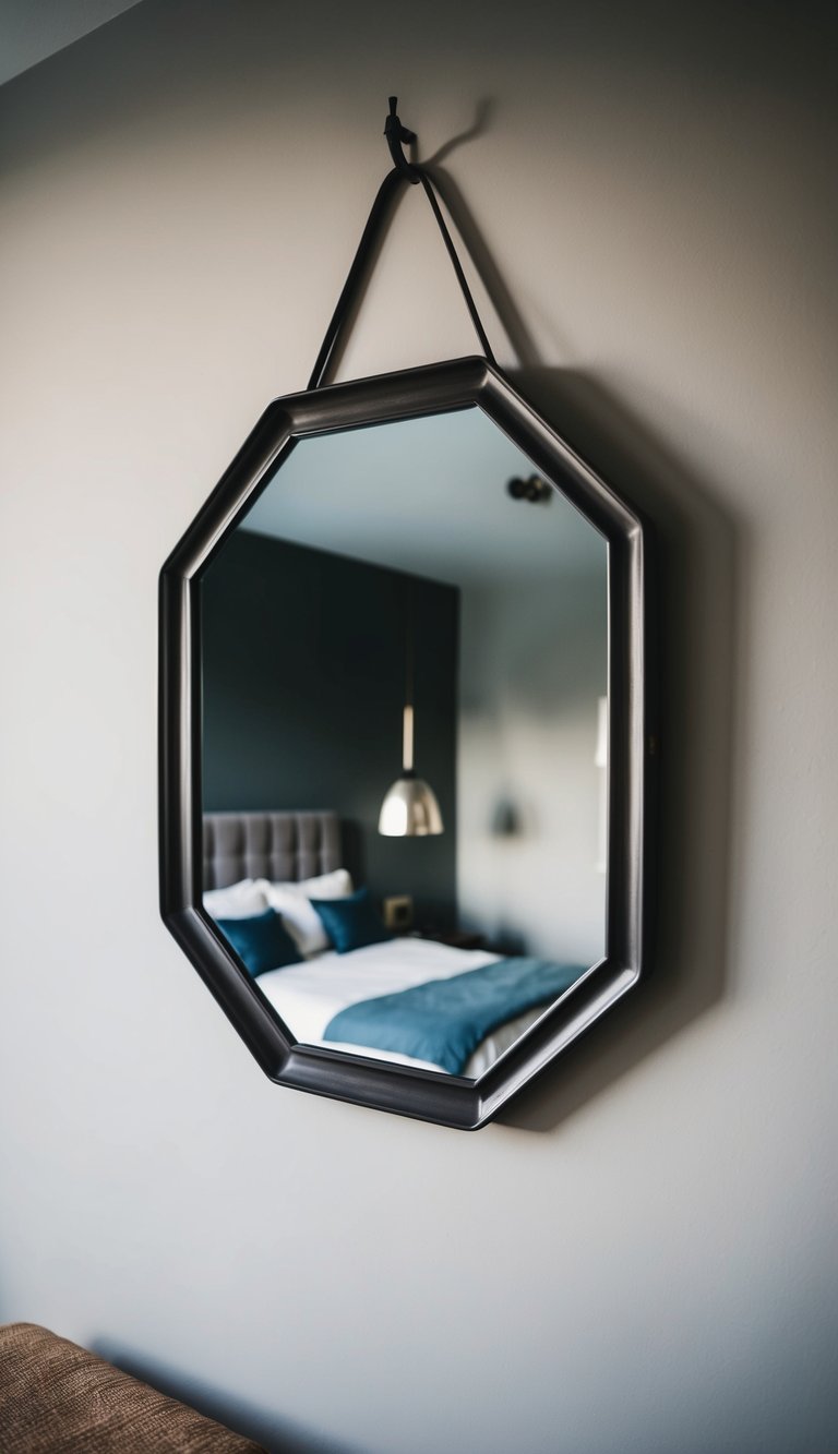 An octagonal mirror with a metal frame hanging on the wall in a stylish and modern men's bedroom