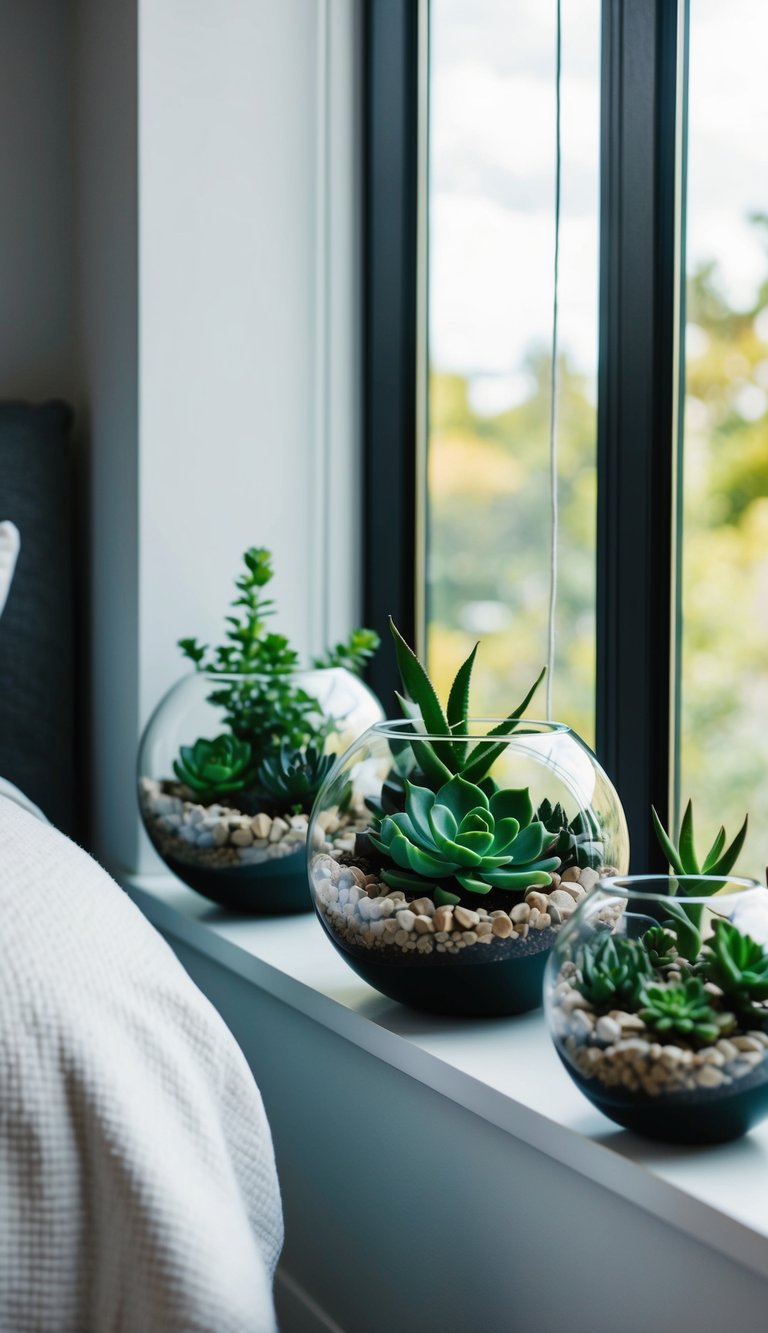 Lush succulent terrariums adorn a windowsill in a modern, masculine bedroom