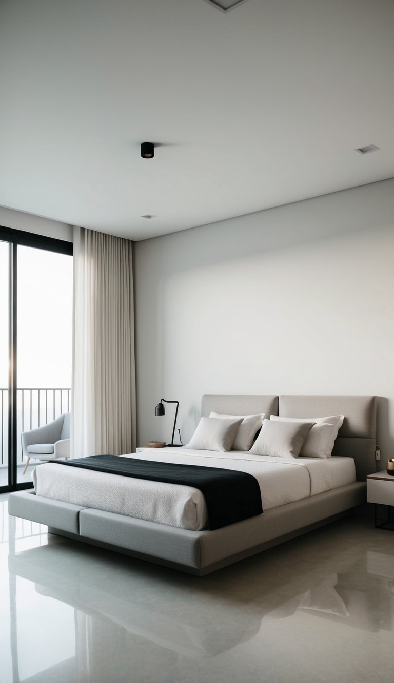 A low-profile platform bed in a minimalist bedroom with clean lines and neutral colors