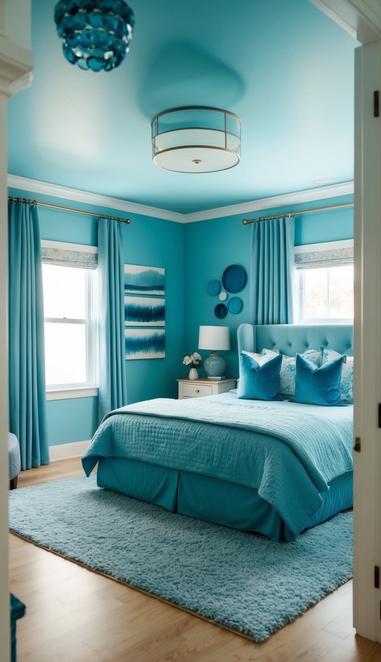 A cozy blue bedroom with a plush bed, matching curtains, and a soft rug. The walls are painted a tranquil shade of blue, and there are decorative accents in various shades of blue throughout the room