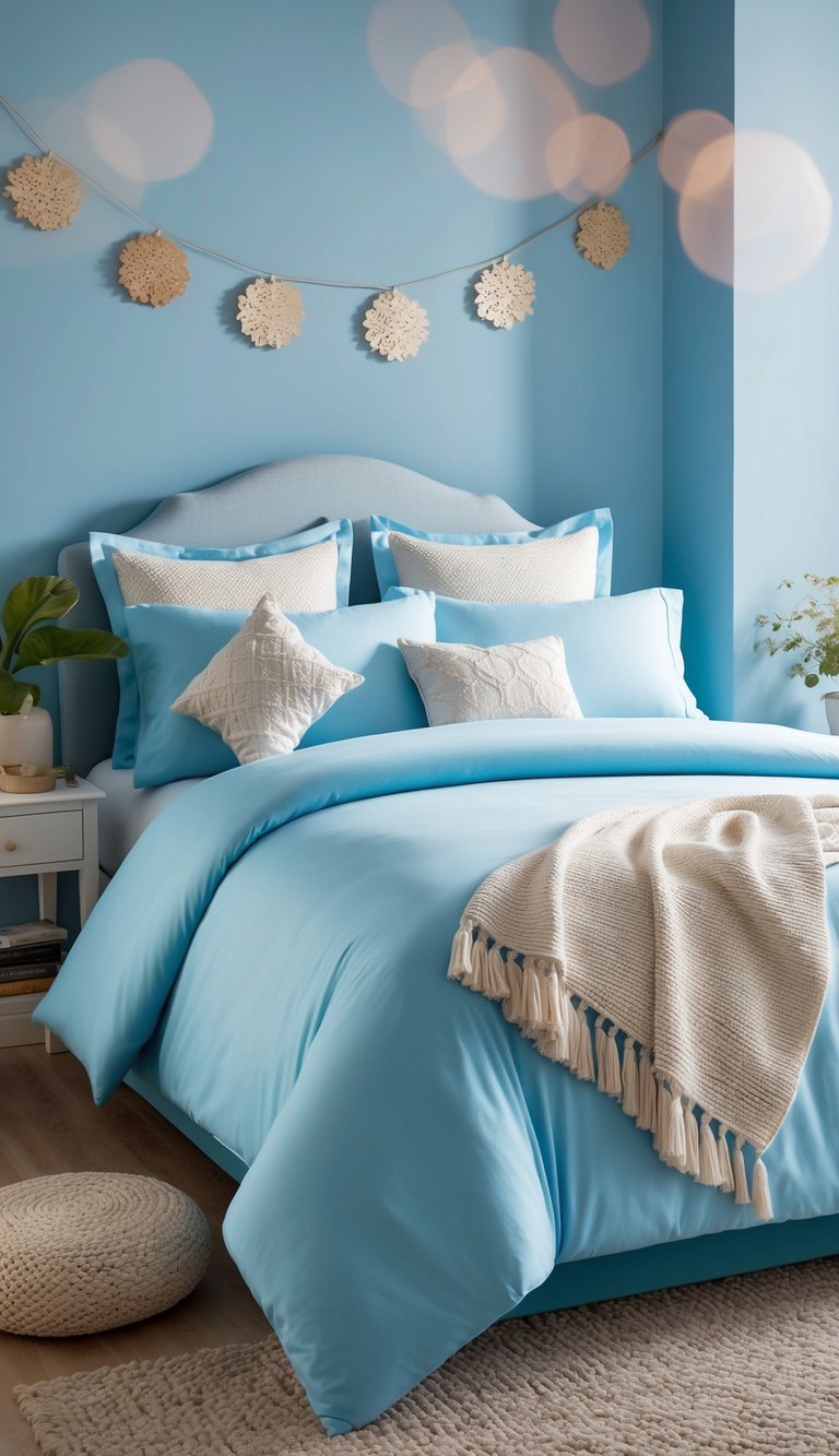 A light blue bedding set in a serene blue bedroom with 24 decor ideas
