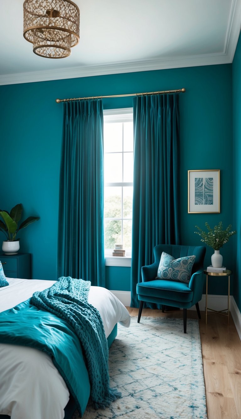 Teal velvet curtains frame a cozy blue bedroom with 24 unique decor ideas