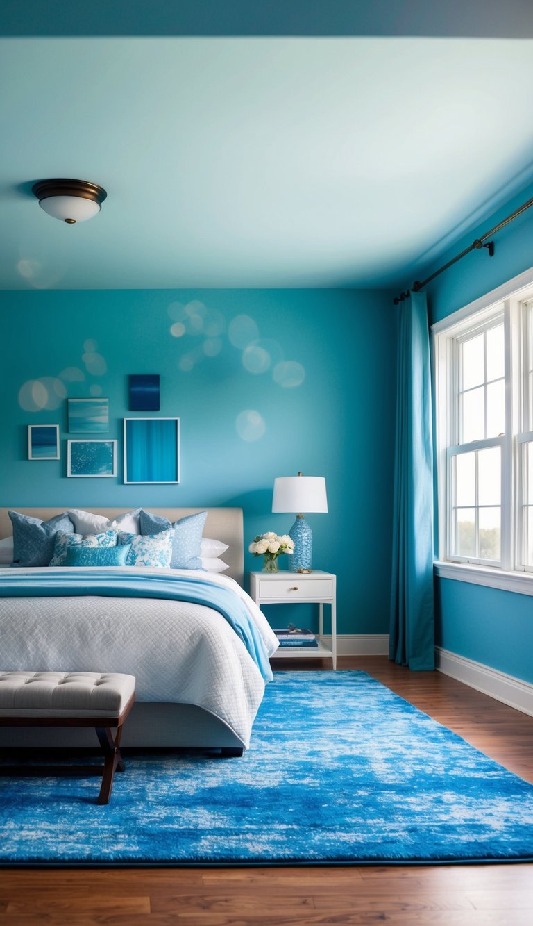 A sky blue area rug anchors a serene bedroom with 24 shades of blue