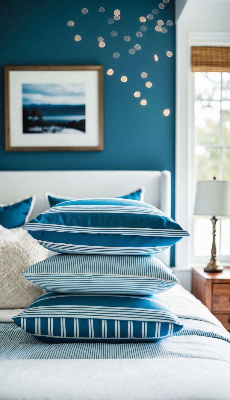 A cozy blue and white bedroom with a stack of striped throw pillows on the bed