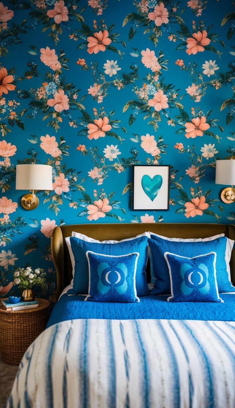 A cozy blue bedroom with vibrant floral wallpaper and 24 different blue decor ideas