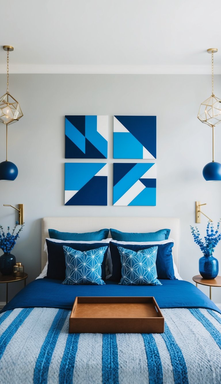 A bedroom with blue geometric wall art and 24 blue decor ideas