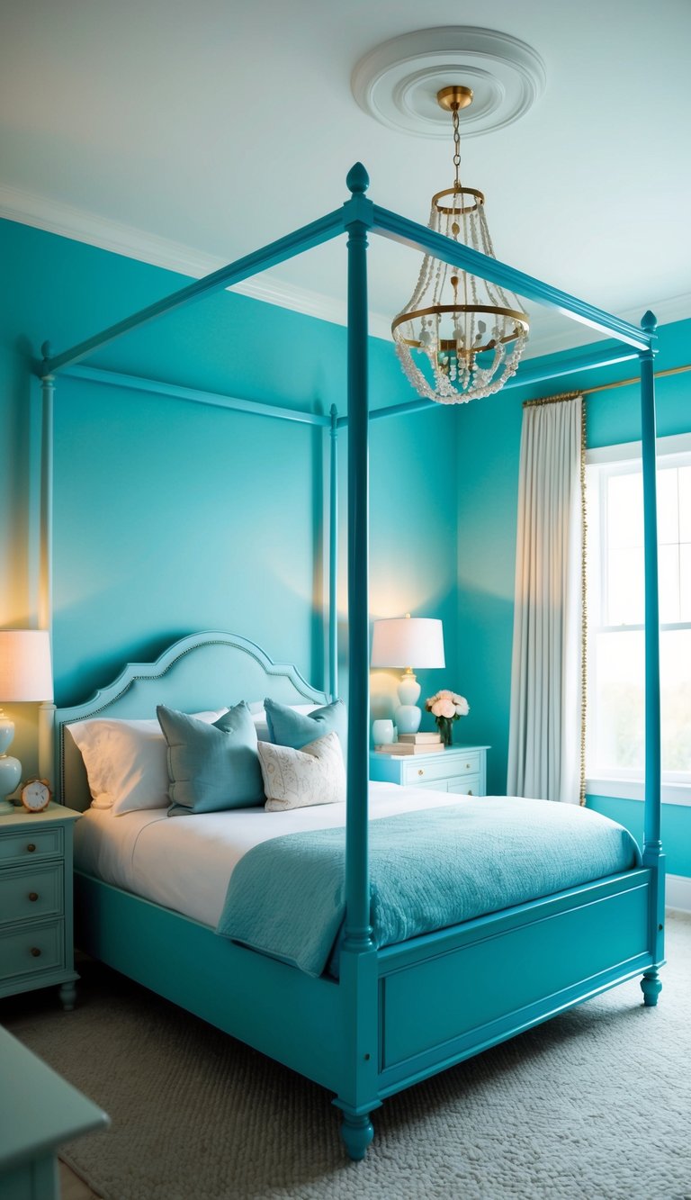 A powder blue canopy bed in a serene blue bedroom with soft lighting and cozy decor