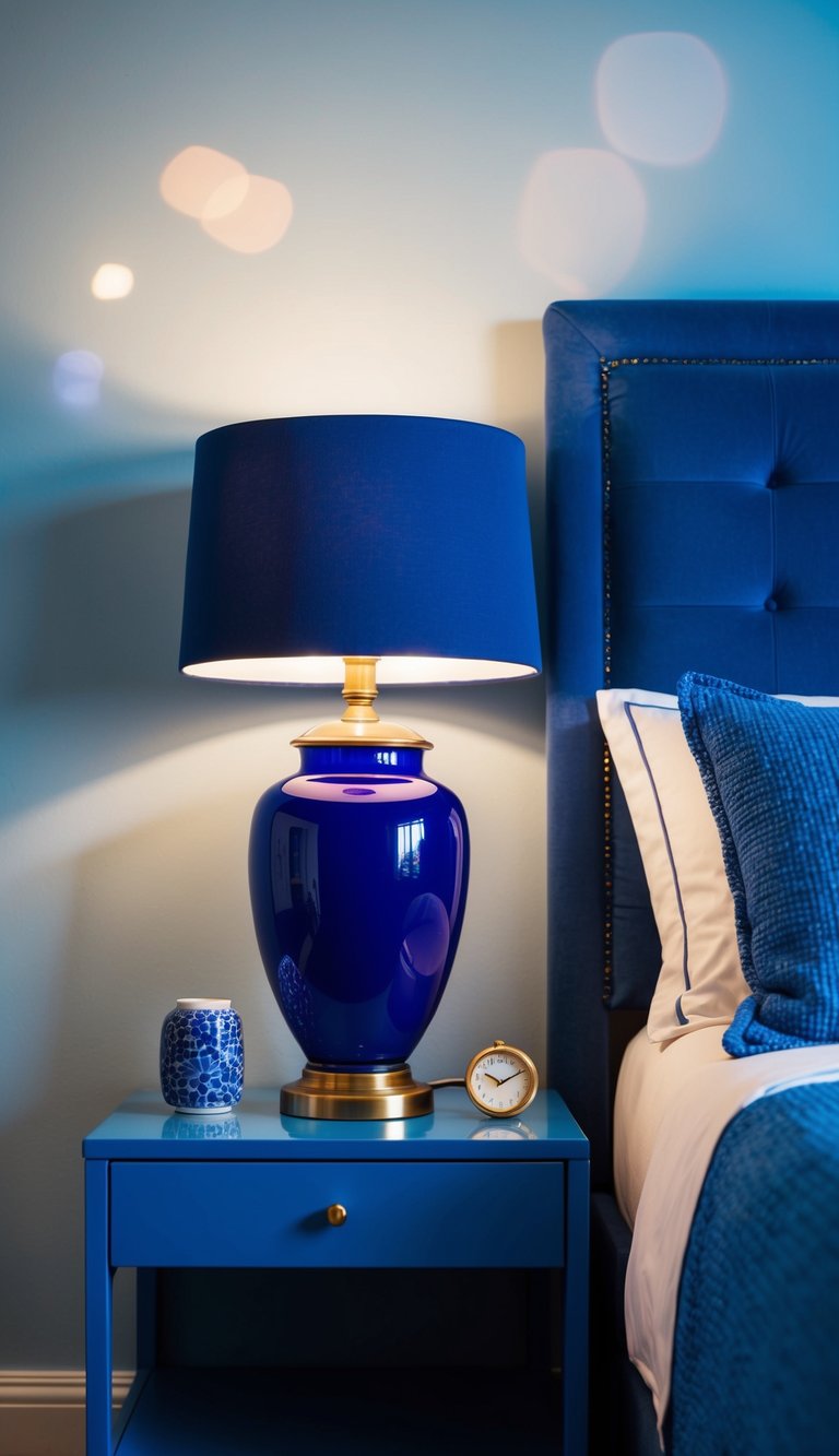 A cobalt blue bedside lamp illuminating a serene blue bedroom