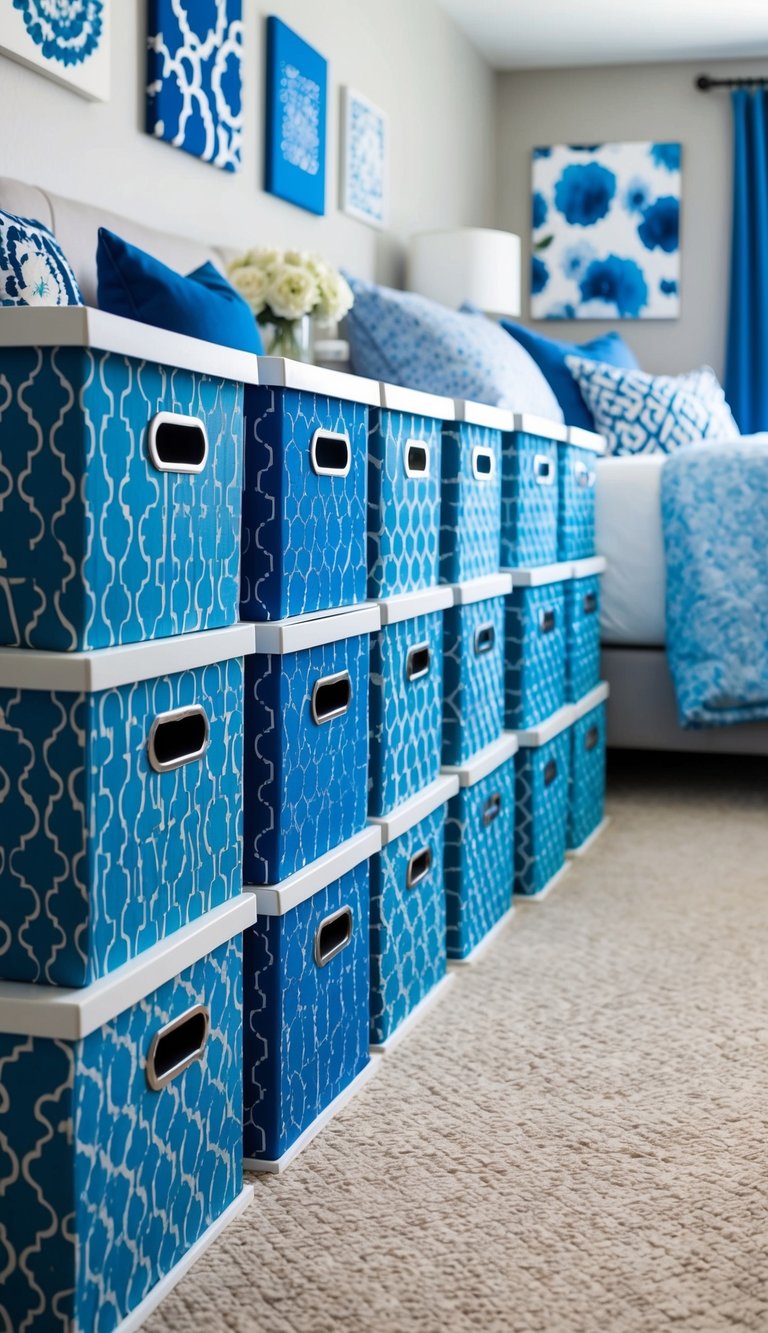 A row of blue patterned storage boxes in a bedroom with 24 blue-themed decor ideas