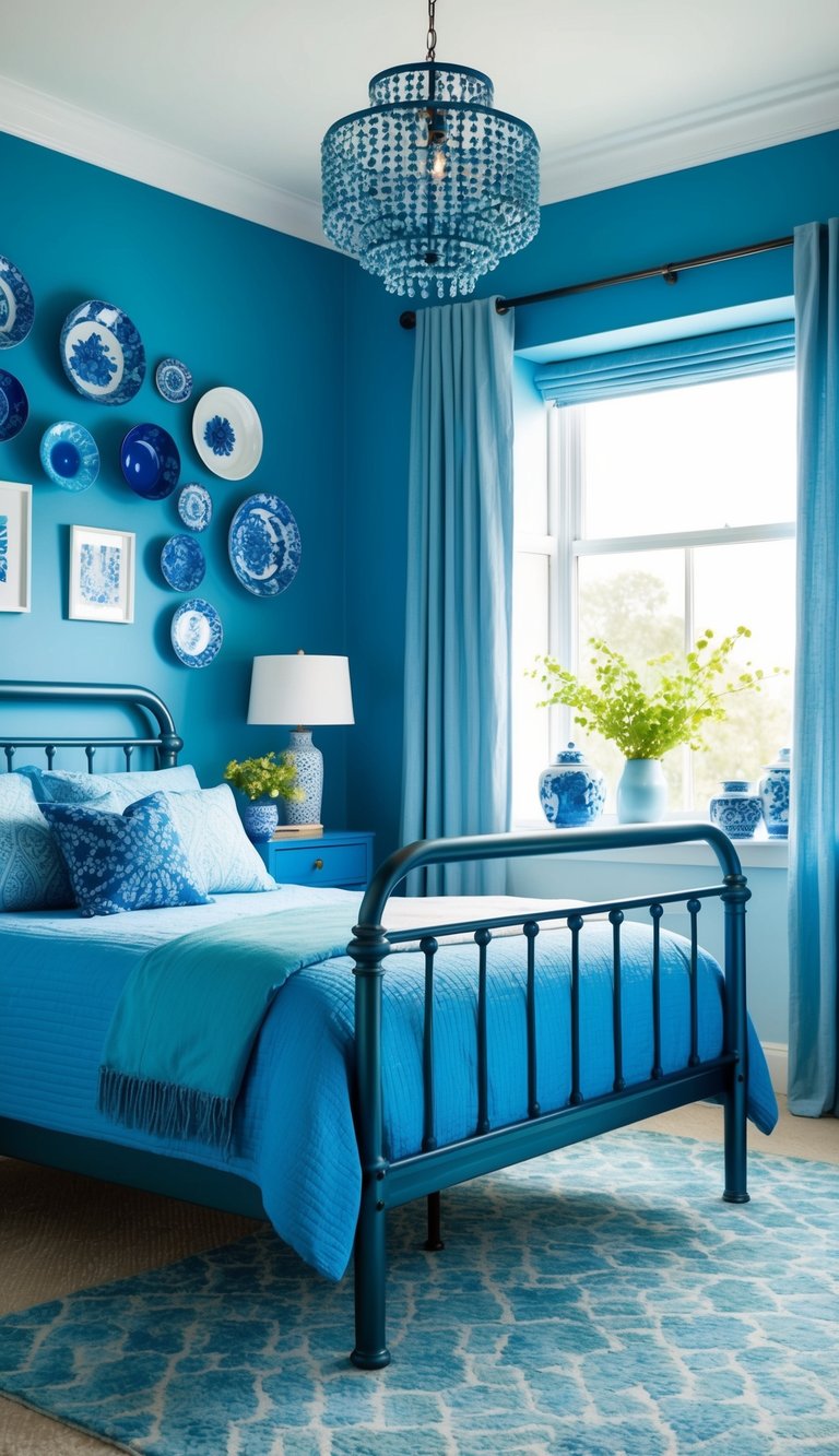 A steel blue bed frame stands in a serene blue bedroom, surrounded by 24 different blue decor ideas