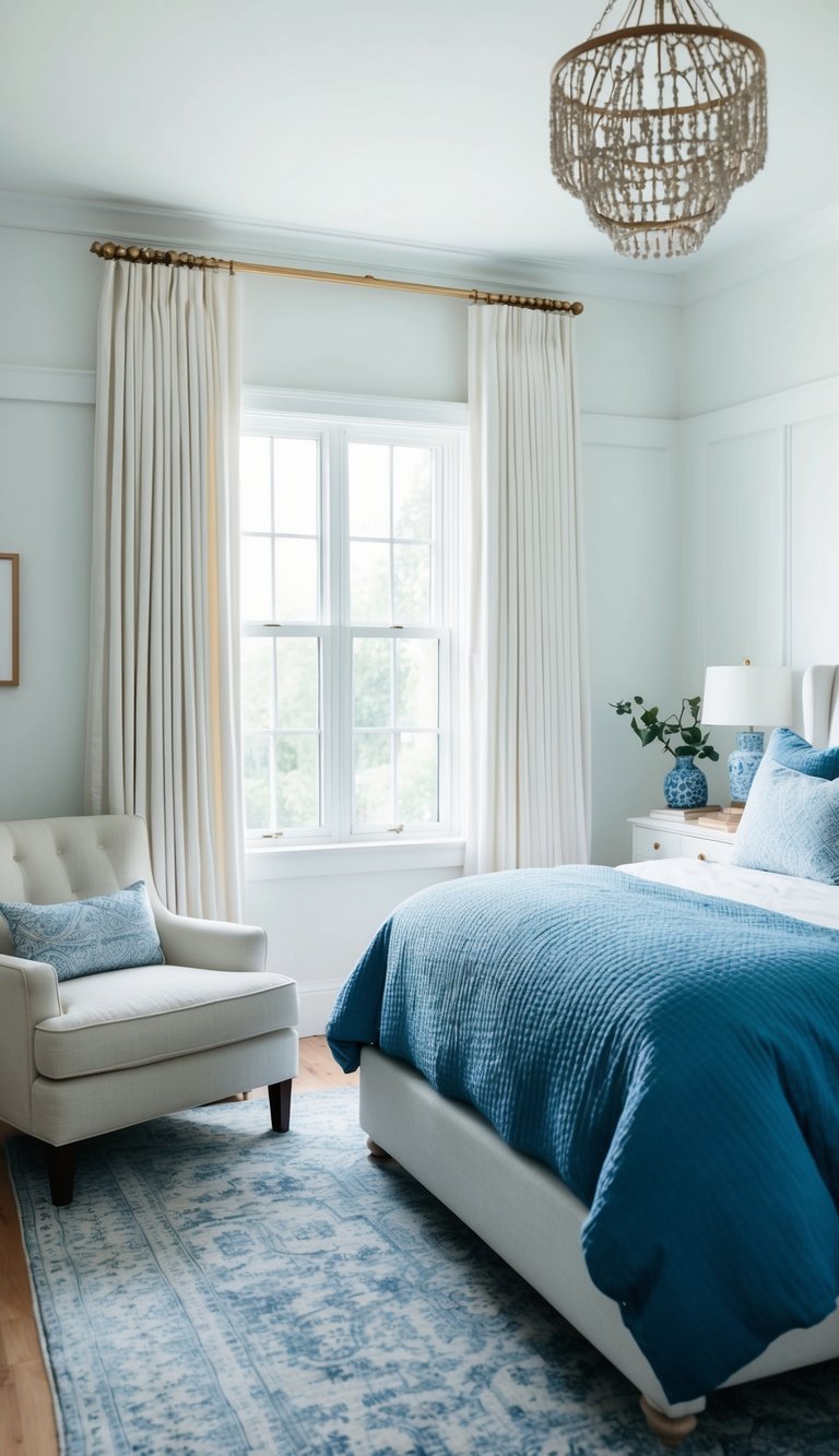 A serene bedroom with white walls, blue bedding, and accents. A cozy armchair sits by a window with billowing curtains