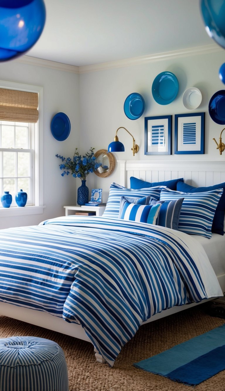 A cozy bedroom with nautical striped blue and white bedding, surrounded by various shades of blue decor and accents