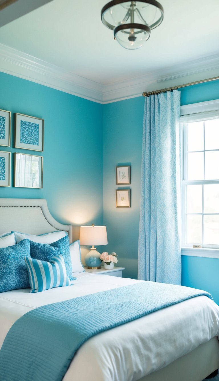 Light blue walls with white crown molding, cozy bed with white and blue bedding, soft lighting, and decorative accents in matching colors