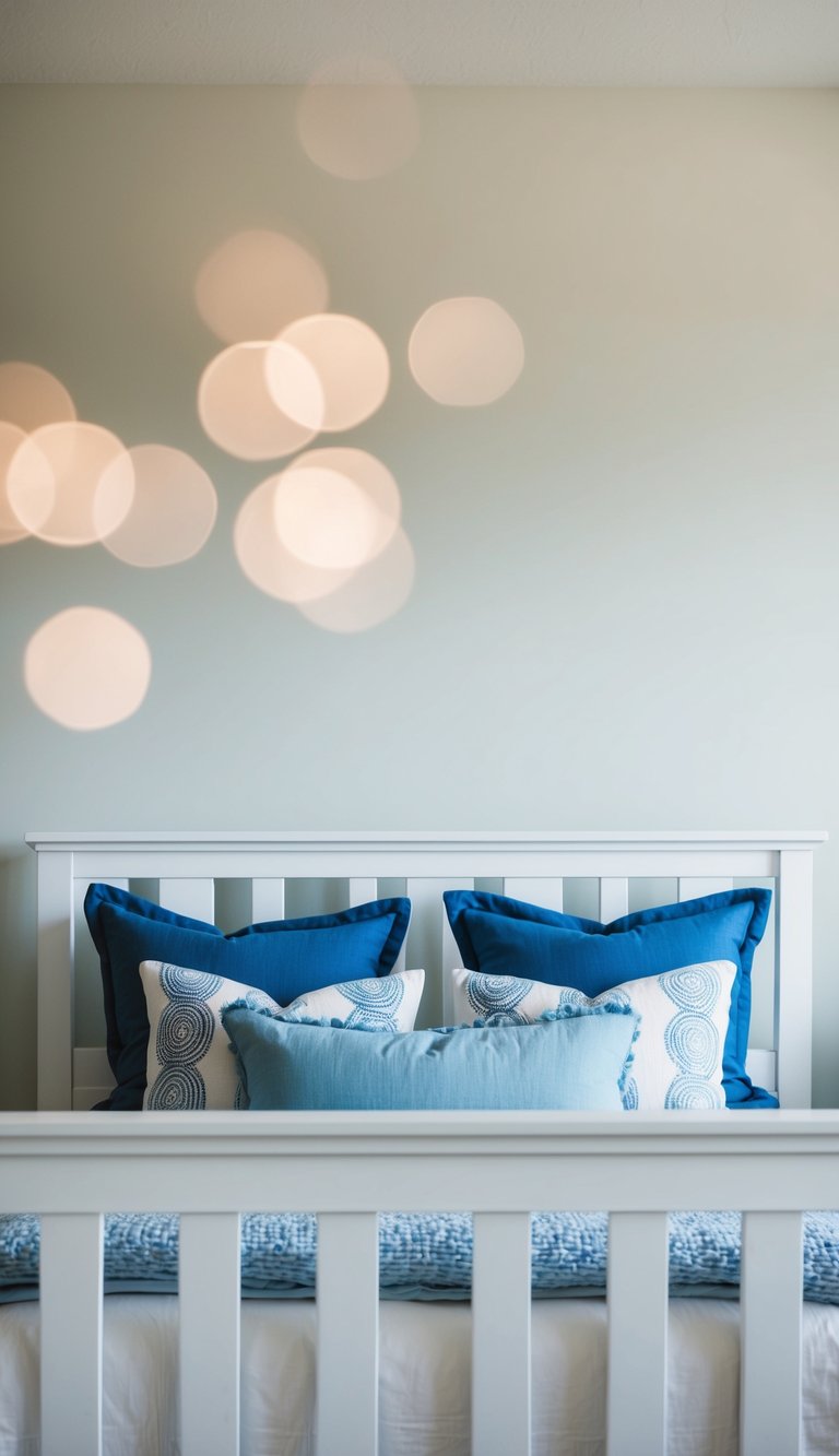 A white wooden bed frame with blue throw pillows in a serene bedroom setting