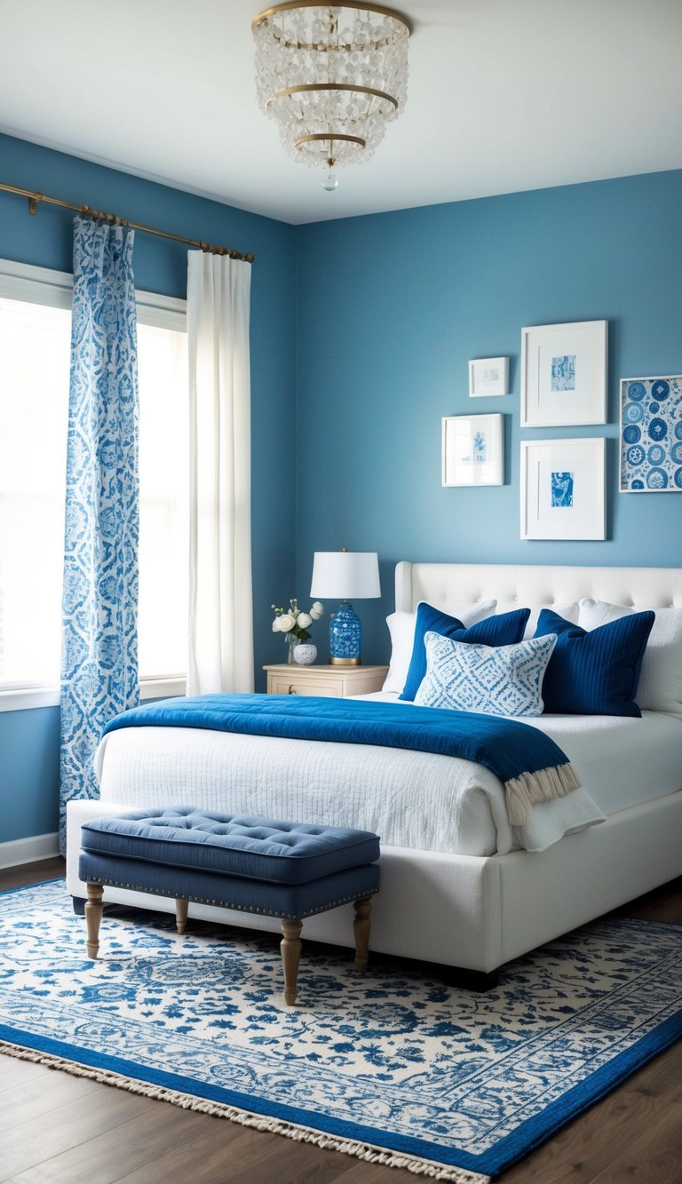 A cozy bedroom with a blue and white patterned area rug, surrounded by 34 white and blue bedroom ideas