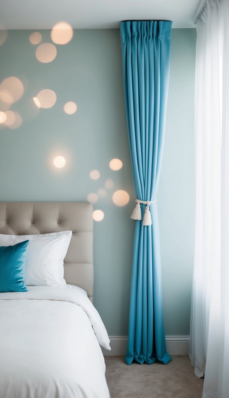 Soft blue curtains tied back with white sheers in a serene bedroom
