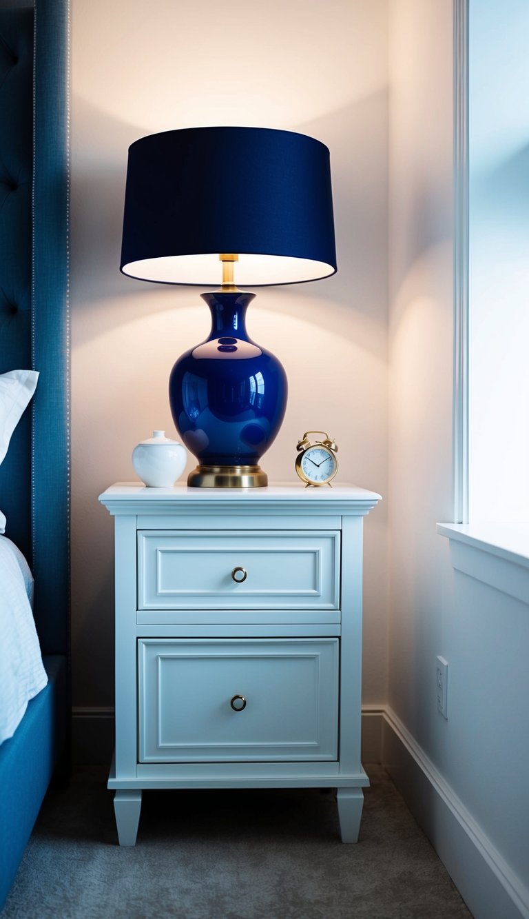 A white nightstand with a navy lamp in a serene white and blue bedroom