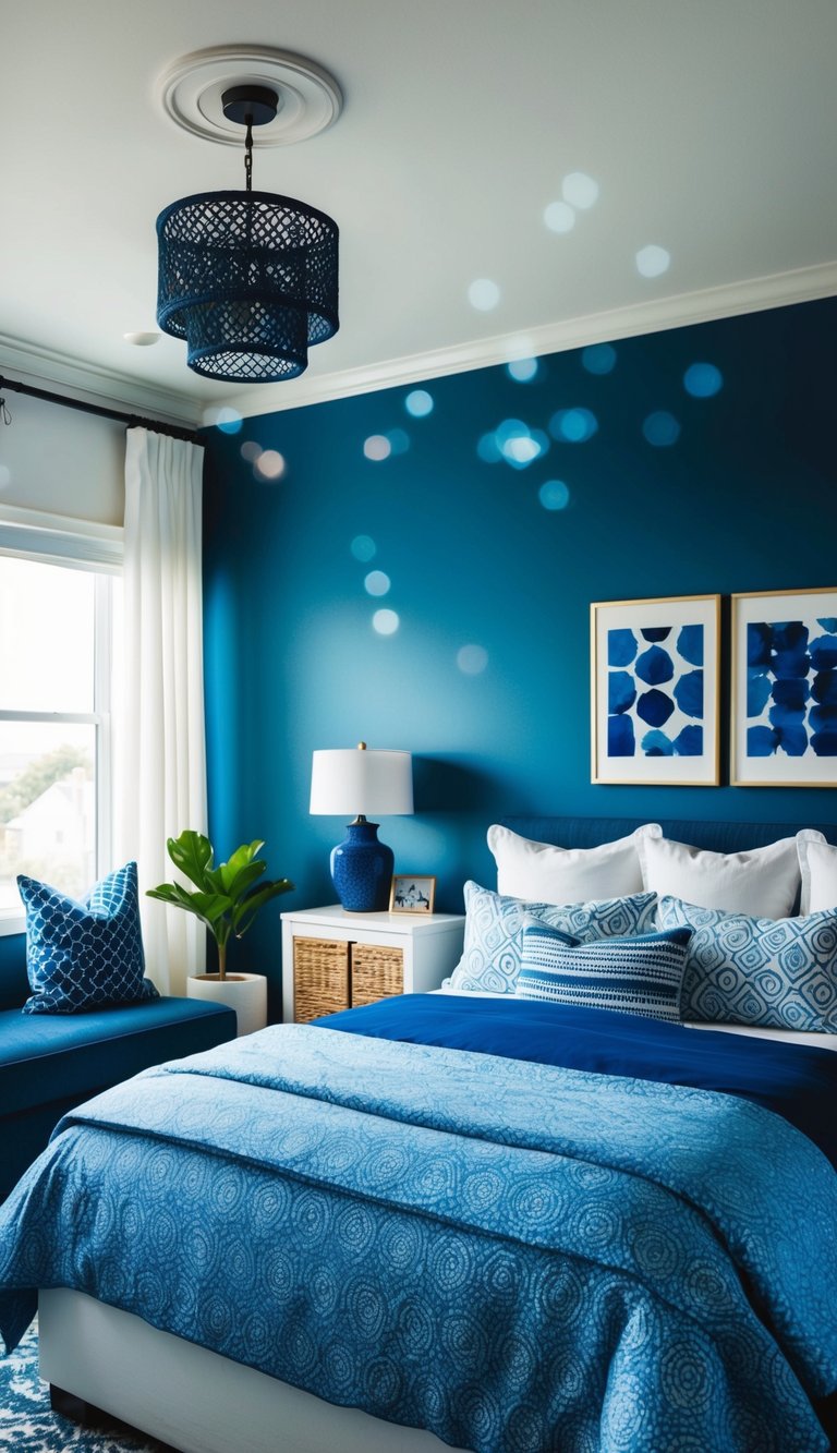 A cozy bedroom with a blue accent wall behind the bed, featuring a mix of white and blue decor