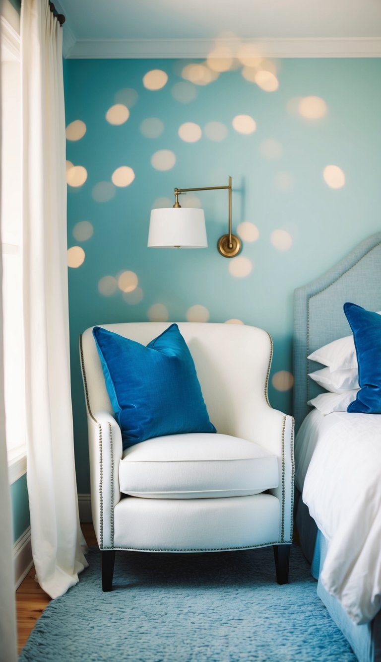 A white upholstered chair with blue cushions in a serene bedroom
