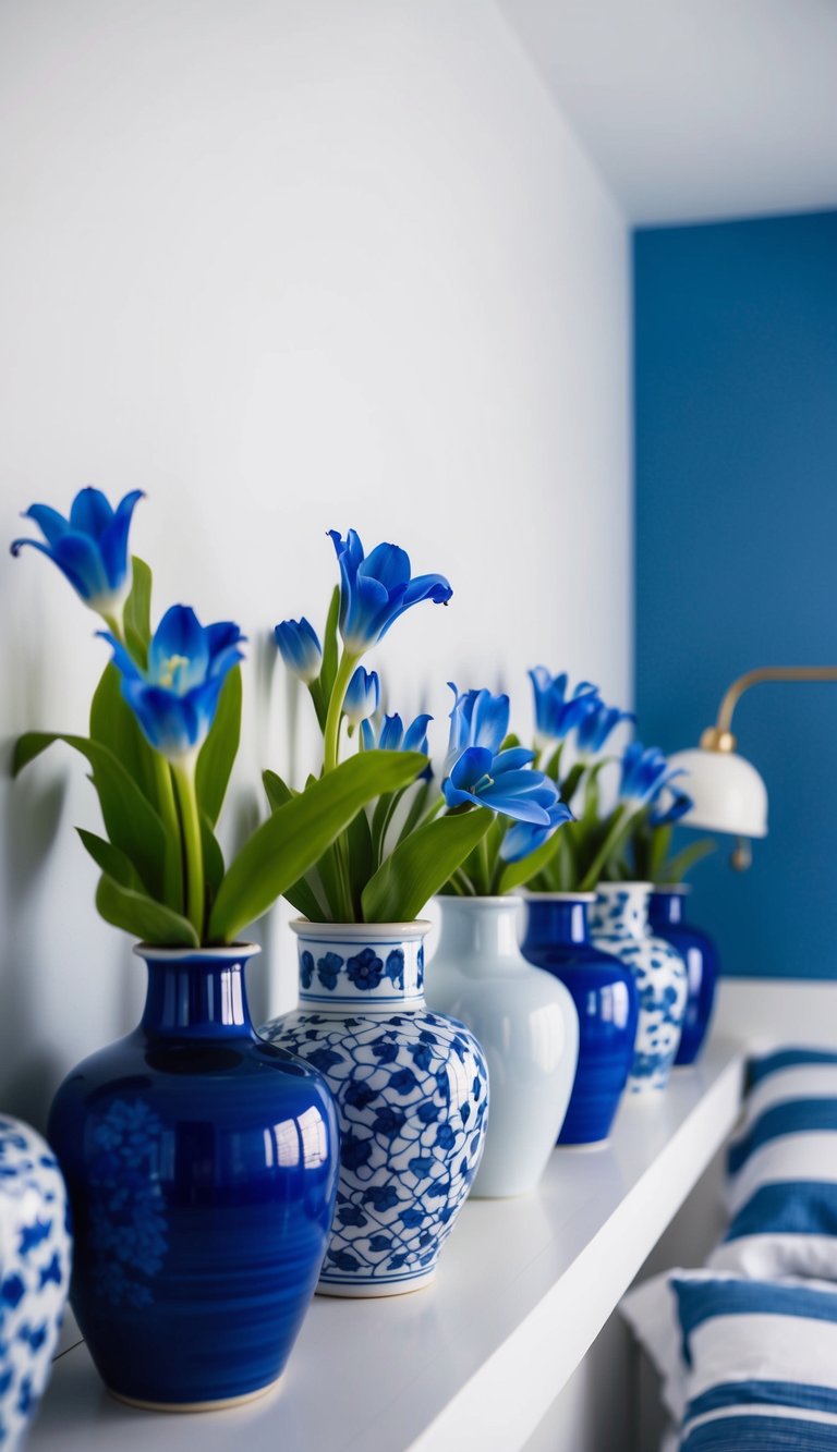A collection of blue and white ceramic vases arranged on a shelf in a serene, white and blue bedroom