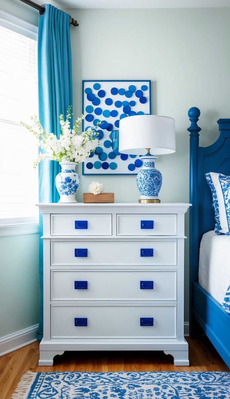A white dresser with blue hardware stands in a serene bedroom adorned with 34 white and blue decor ideas