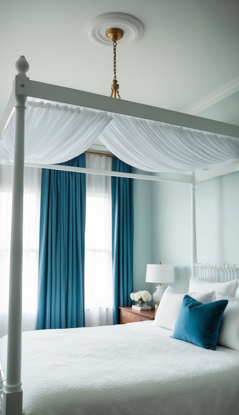 A white canopy bed with blue drapes in a serene bedroom setting