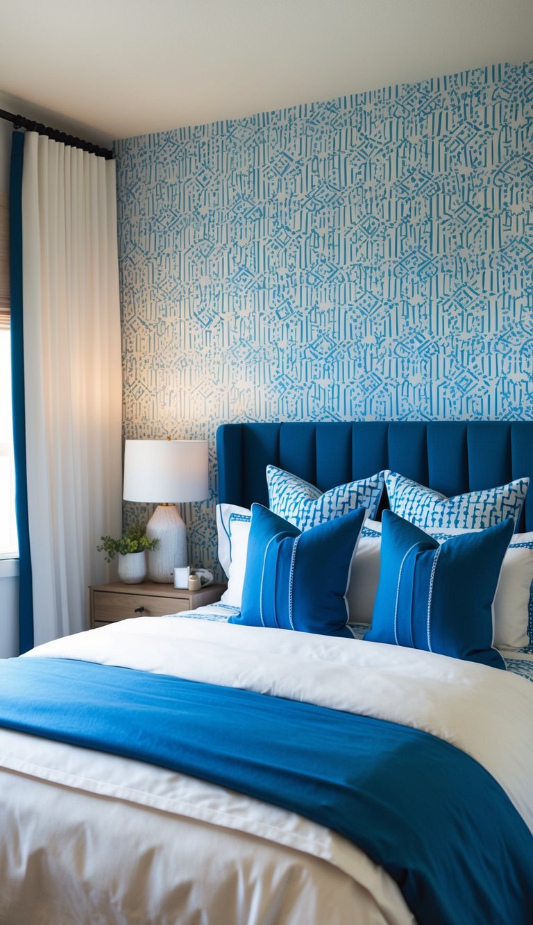 A cozy bedroom with blue and white geometric wallpaper, soft lighting, and a comfortable bed with matching blue and white bedding