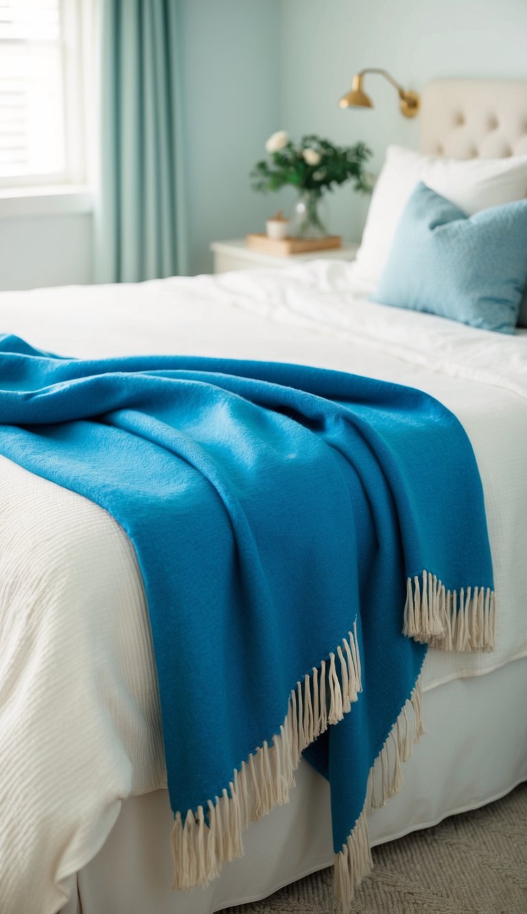 A blue throw blanket is draped over a white bedspread in a serene bedroom